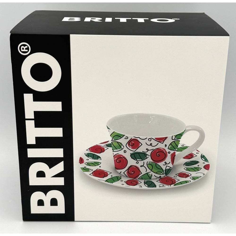 Romero Britto Roses Pop Art Coffee Cup Saucer Red & Green Bone China New 6.7 oz